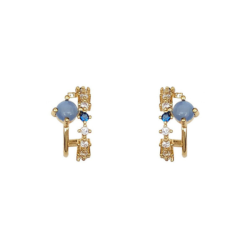 French Retro Minimalist C Shape Zircon Blue Opal Hoop Earrings for Women Gold Color Alloy Double Layered Exquisite Jewelry