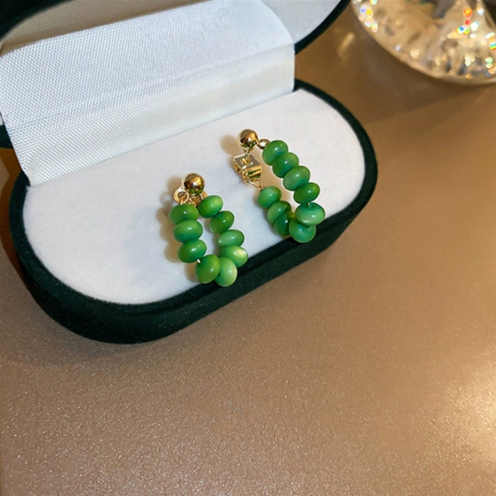 2022 South Korea New Trend Summer Green Bead String Stud Earrings For Women Unique Temperament Opals Contracted Earrings Jewelry