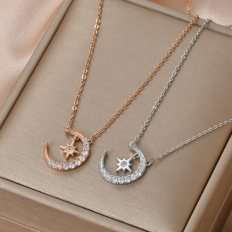 New Fashion Rose Gold Color Moon Star Zircon Pendant Necklaces Birthday Gift Jewelry for Women