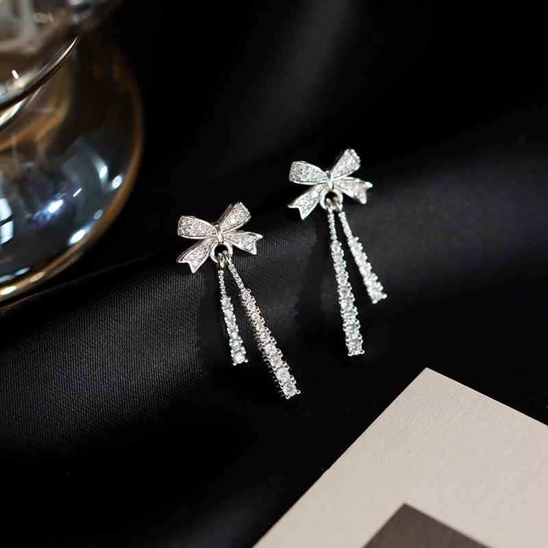 New Classic Zircon Bow Dangle Earrings Fashion Korean Jewelry For Woman Christmas Party Girl's Unusual Luxury Accessories