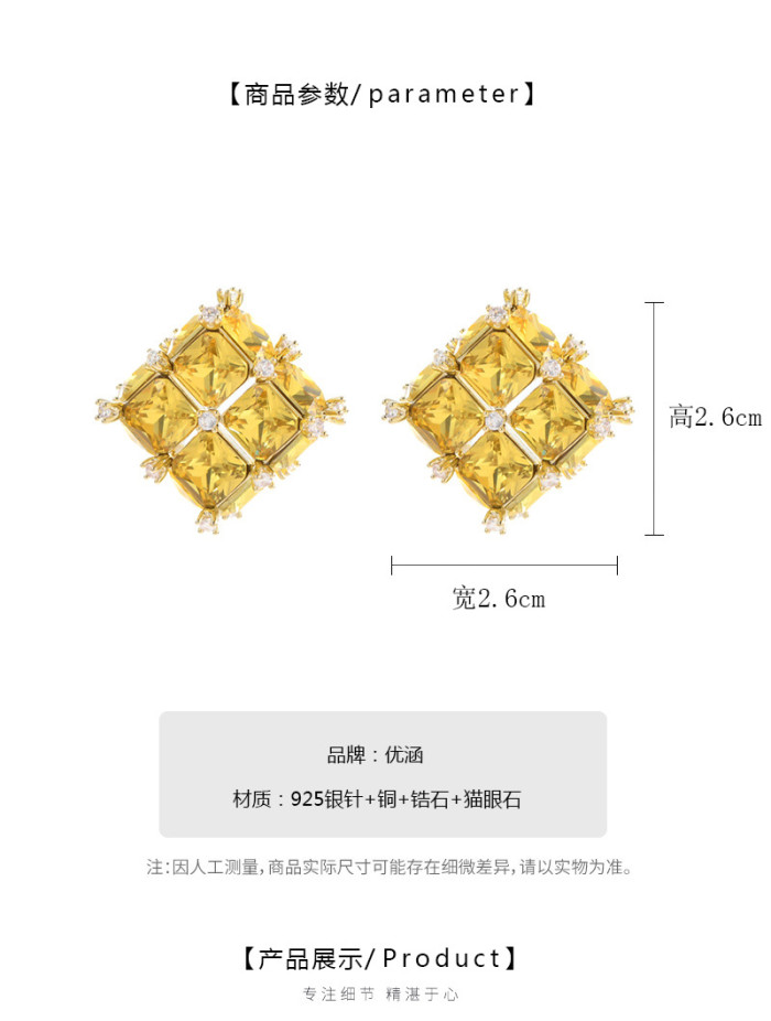 Exquisite Multi Color Zircon Cube Crystal Square Stud Earrings Gold Color Luxury Women Party Jewelry