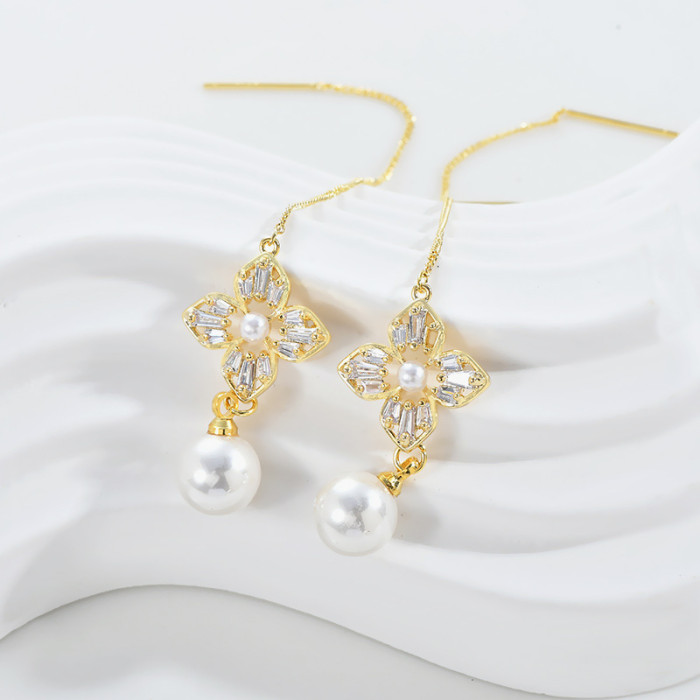Korea New Fashion Jewelry Luxury Zircon Flower Pearl Ear Wire Stretch Adjustable Earrings Elegant Women Wedding Party