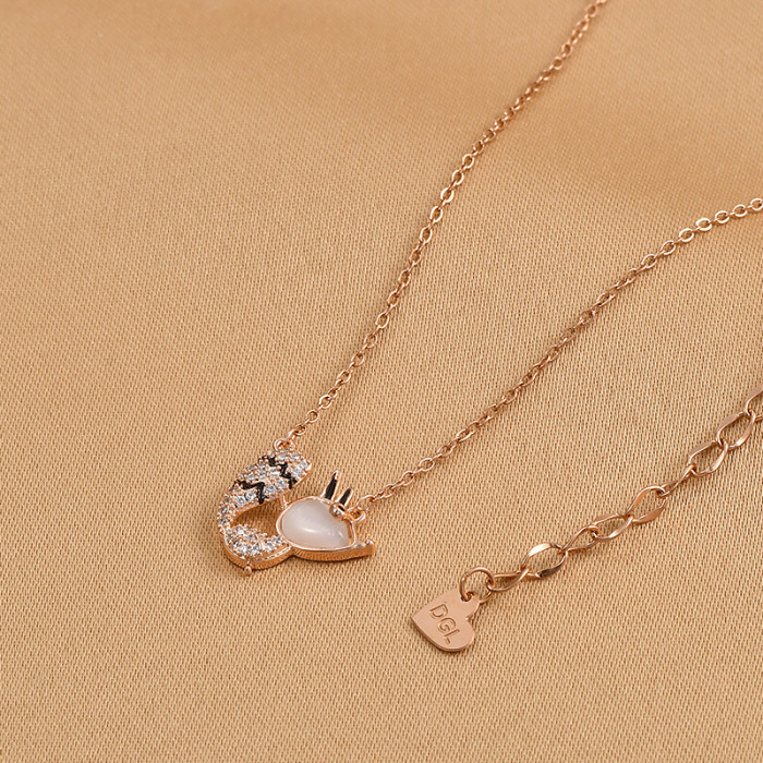 Cute Crystal Pink Fox Pendant Girl Jewelry Gold Shiny CZ Women Necklace Chain Clavicle Accessories Lady