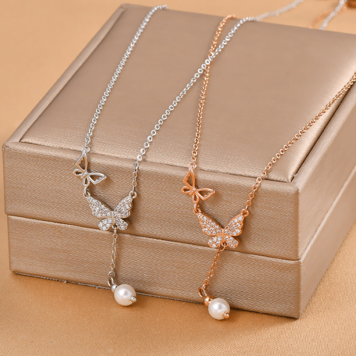 Silver Color Fashion Double Butterfly Tassel Pendant Necklace Female Chain Elegant Temperament Gift