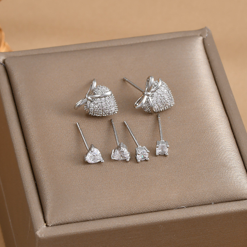 Female Crystal Small Heart Earrings White Zircon Heart Shape Bow Wedding Stud Earrings for Women 3 Pair Set