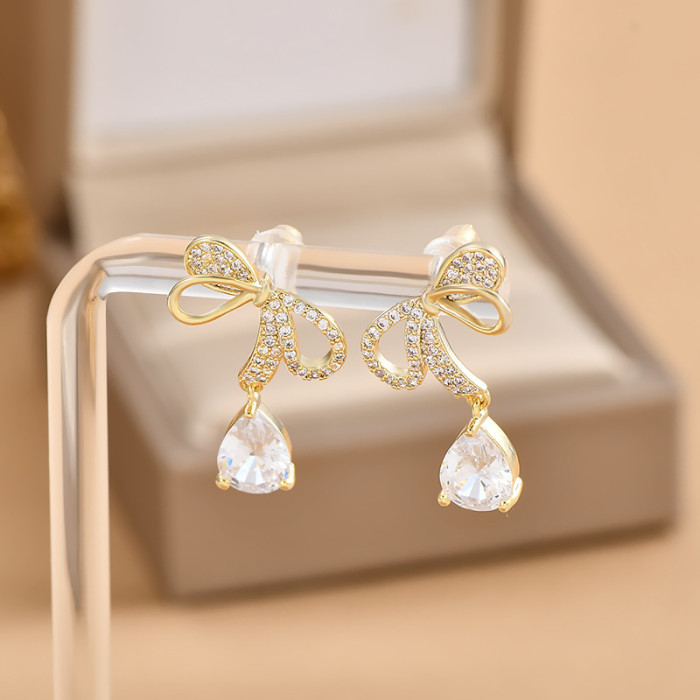 Exquisite Lady Dangle Earrings with Bow Design Dainty Accessories Brilliant Crystal Gift for Engagement Trendy Jewelry
