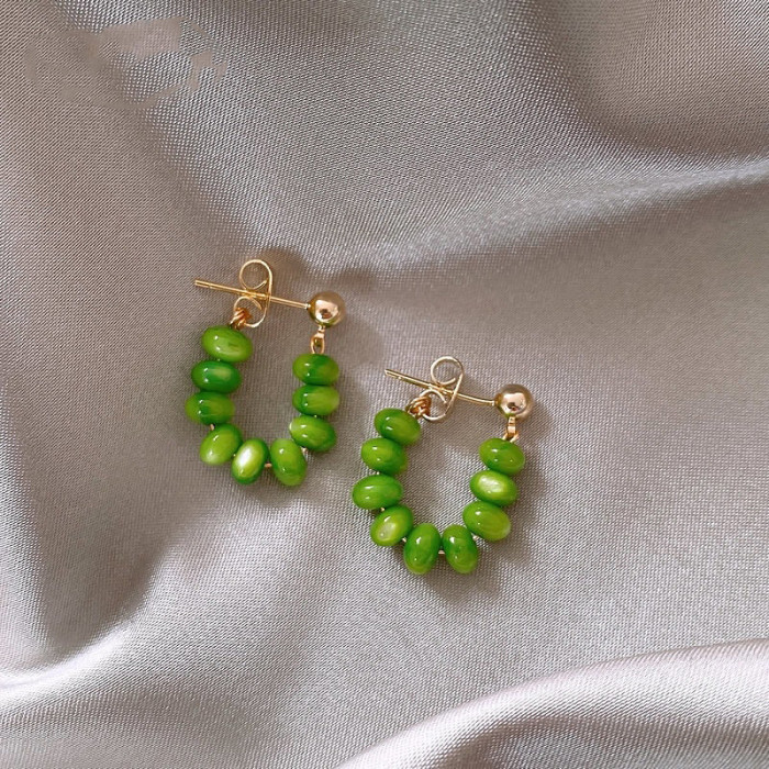 2022 South Korea New Trend Summer Green Bead String Stud Earrings For Women Unique Temperament Opals Contracted Earrings Jewelry