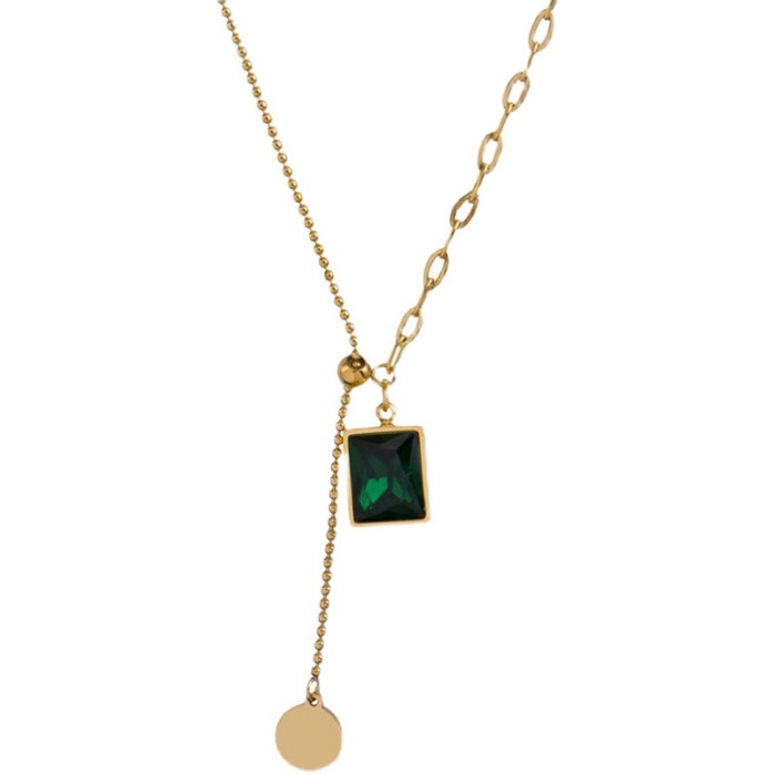 Hot Sale Fashion Jewelry Elegant Square Green Zircon Round Disc Double Pendant Necklace