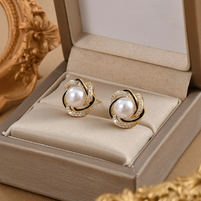 Gold Color Flower Hollow Stud Earring Vintage Crystal Simulated Pearl Earrings For Women Wedding Jewelry