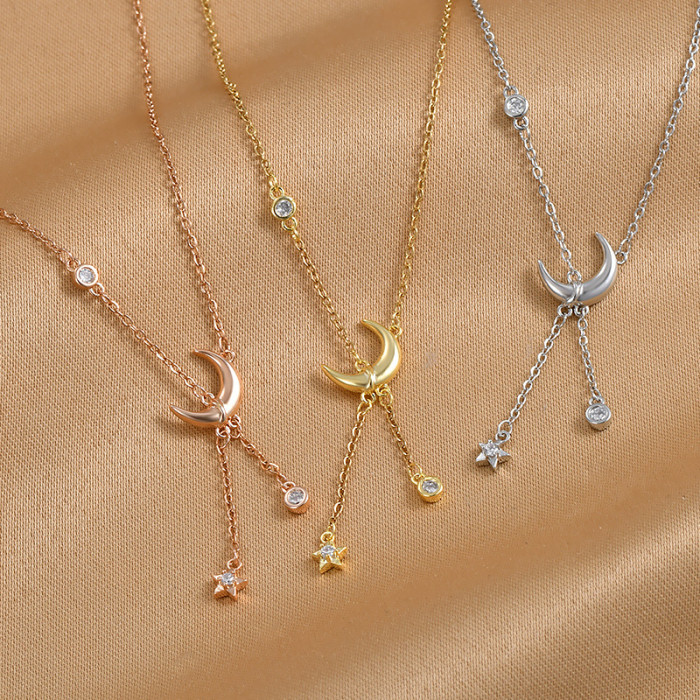 Star Moon Simple Elegant Temperament Tassel Necklaces for Women Zircon Inlaid Choker Wedding Jewelry Necklace