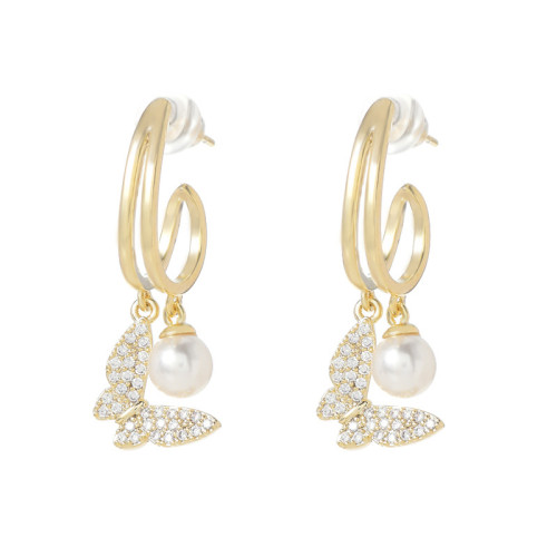 Beautiful Butterfly Pearl C Earrings for Women Korean Style Rhinestone Dangle Earrings Jewelry Gifts