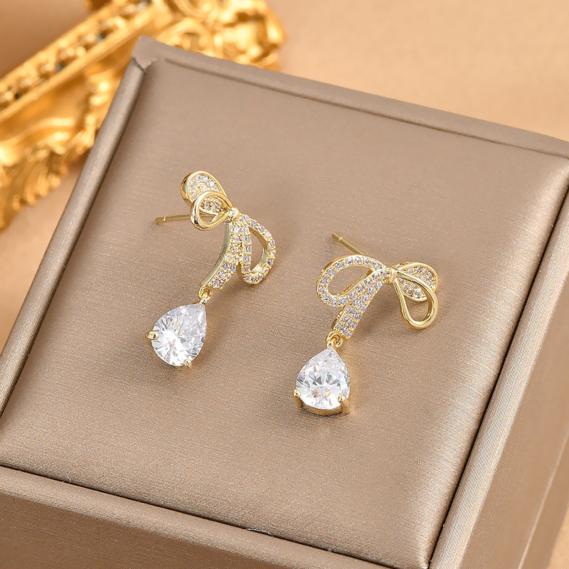 Exquisite Lady Dangle Earrings with Bow Design Dainty Accessories Brilliant Crystal Gift for Engagement Trendy Jewelry
