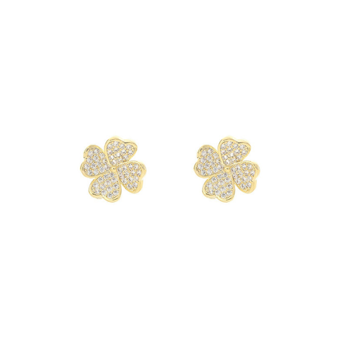 Exquisite Four Leaf Clover Zircon Stud Earrings for Women Gold Color Wedding Party Jewelry
