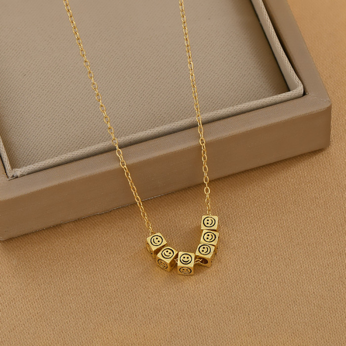 Cube Pendant Long Chain 24K Gold Necklace for Women Smile Pattern Cube