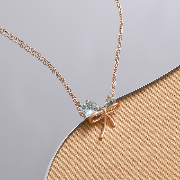 Luxury Female White Crystal Pendant Charm Sterling Silver Chain For Women Charm Hollow Bow Wedding Necklace