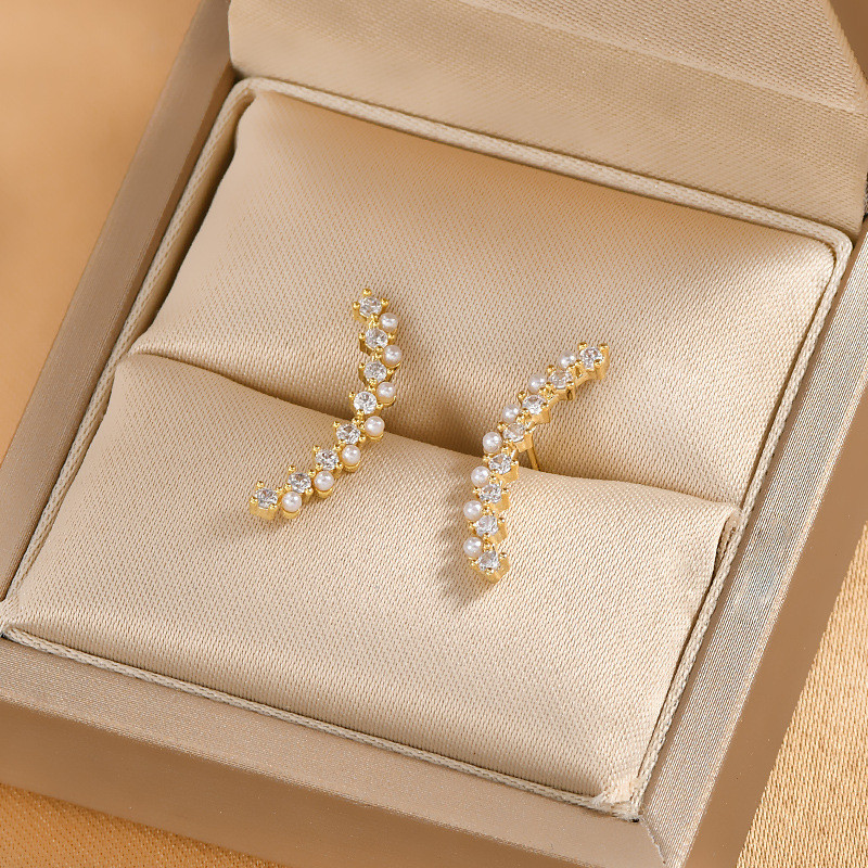 Gold Arc Line Stud Earrings For Women Crystal Zircon CZ Line Ear Climber Pendiente Piercing Earring