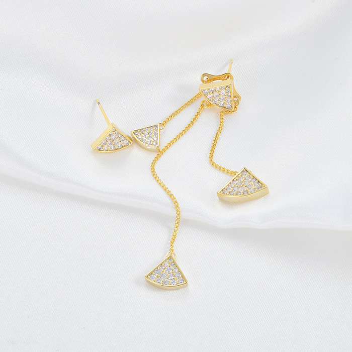 Shiny Fan Shape Ear Stud Long Tassel Chain Drop Dangle Earrings for Women Gift Her Girls Teens