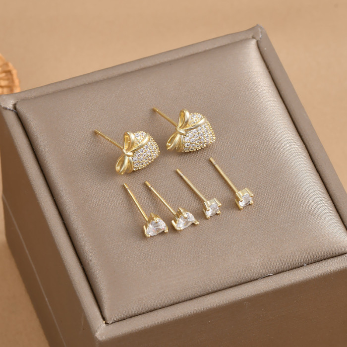 Female Crystal Small Heart Earrings White Zircon Heart Shape Bow Wedding Stud Earrings for Women 3 Pair Set