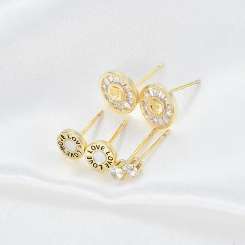 Korean Simple Double Layer Gold Color Metal Rhinestone Earrings Set for Women Fashion Small 3 Piece Set Jewelry Gifts