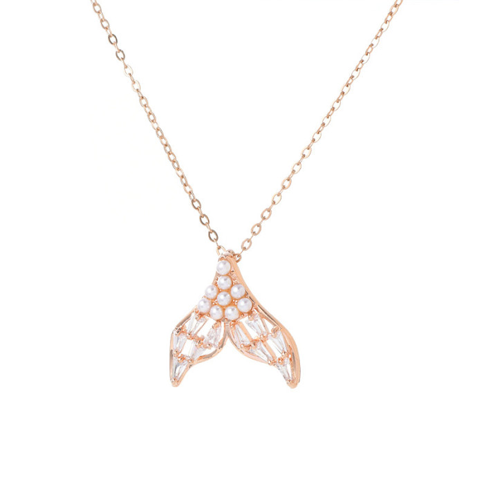 New Women's Silver Fresh Fishtail Shiny Zircon Pearl Pendant Necklace Girls Festival Gift 62293