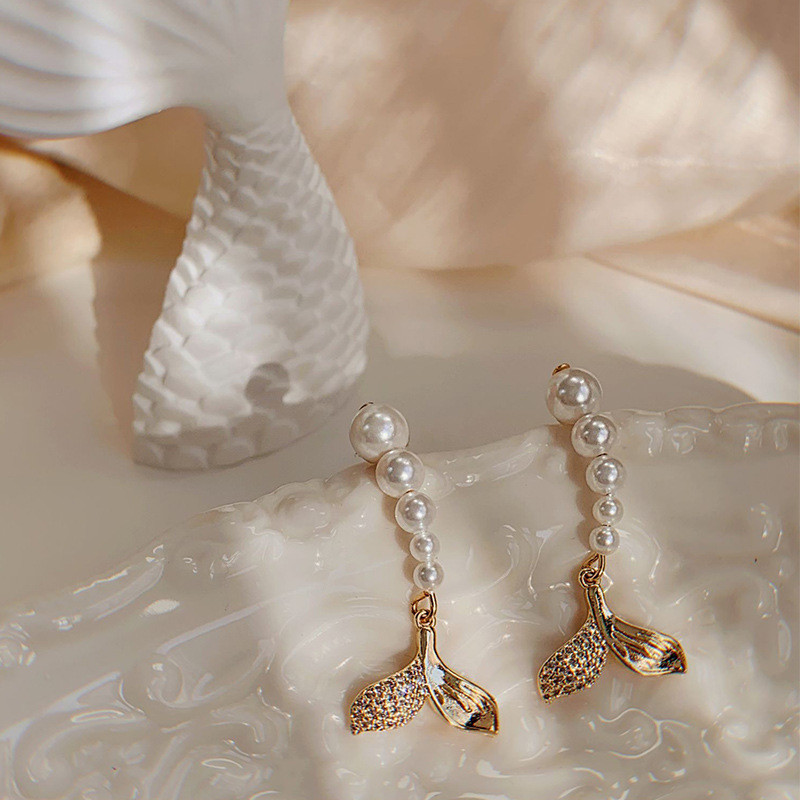 New Korean Zircon Fishtail Pearl Drop Earrings For Women Shiny Crystal Earring Girls Party Sweet Wedding Jewelry Wholesale