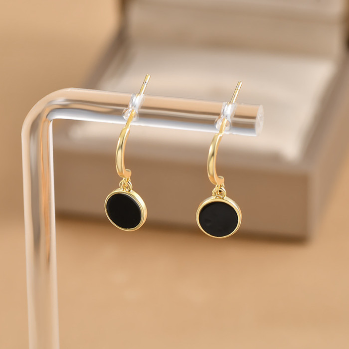 Titanium Steel Black Round Pendant Drop Earring for Women Gold Plated Hoop Dangle Earring Jewelry for Women Girls Party