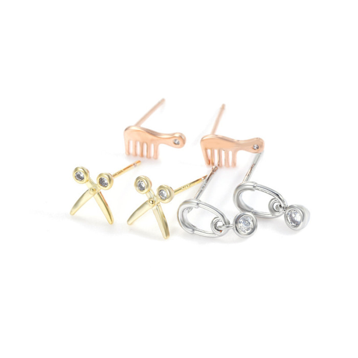 Cute Mini Comb Scissors Ear Studs Women's Fashion Golden Sliver Color Stainless Steel Stud Earrings Simple Jewelry Gifts