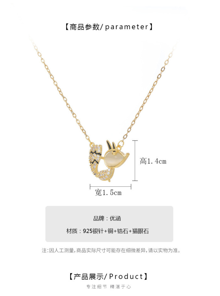 Cute Crystal Pink Fox Pendant Girl Jewelry Gold Shiny CZ Women Necklace Chain Clavicle Accessories Lady