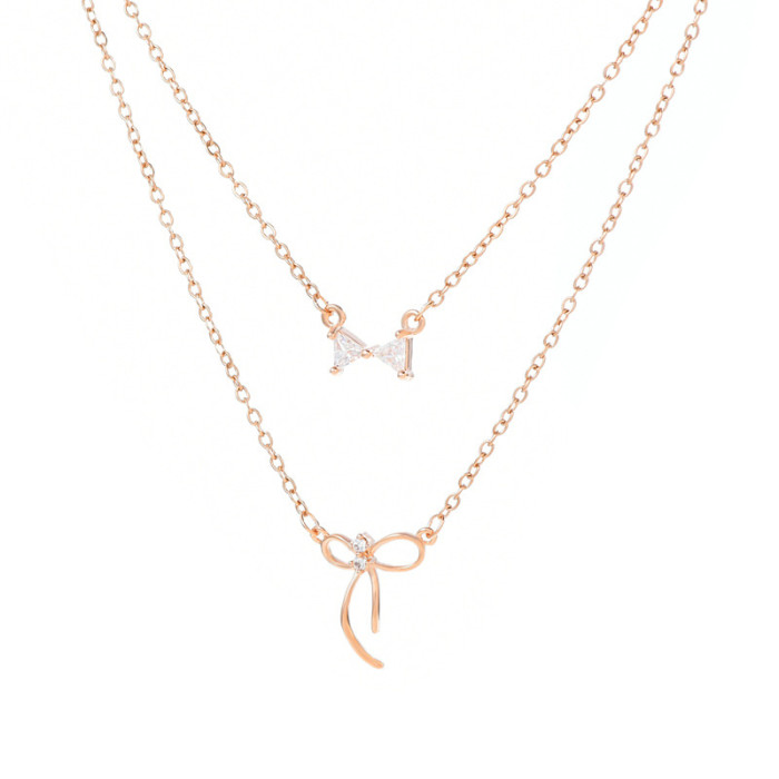 Double Layer Bow Necklaces Female Zircon Pendant Choker Adjustable Chain Gold Plated Jewelry