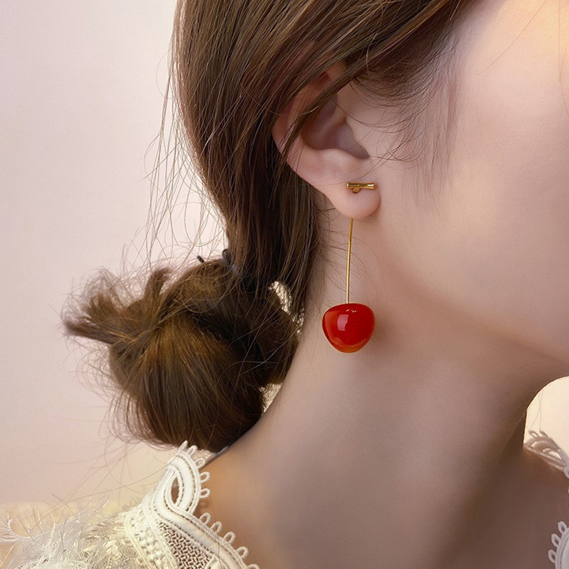Japanese Style Cute Cherries Petal Dried Flower Fruit Earrings Personality Fashion Exaggerated Sweet Women Jewelry Gift