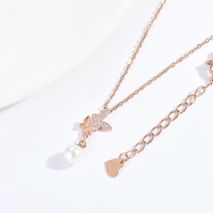 Trendy Zirconia Butterfly Pearl Tassel Necklace for Women Gift Beads Choker Wedding Jewelry