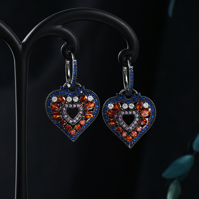 Fashion Cubic Zircon Love Heart Pendant Earrings Korean Style Geometric Hollow Hoops Earrings For Women Jewelry Gift