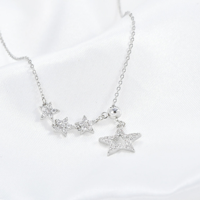Luxury Full Zircon Crystal Four Star Tassels Pendant Women Necklaces Female Elegant Stainless Steel Neck Jewelry Gift