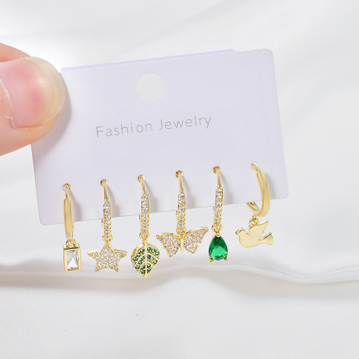 Fashion New Leaf Butterfly Bird Star Hoop Earrings Sets Inlaid Cubic Zircon 6 Piece Earrings Sets for Women
