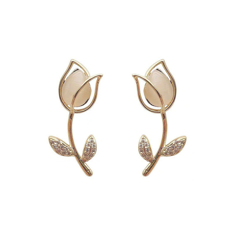 New Fashion Elegant Cute Stud Ear Opal Rose Flower Earrings Crystal Delicate Tulip Jewelry Gift Women Accessory