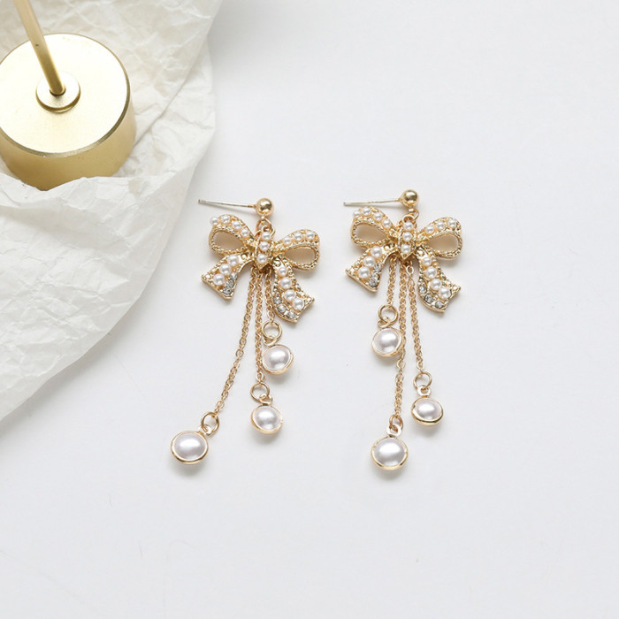 Korean Bow Shape Imitation Pearl Earrings Rhinestone Bowknot Long Pearl Tassel Earrings Party Gifts Jewelry