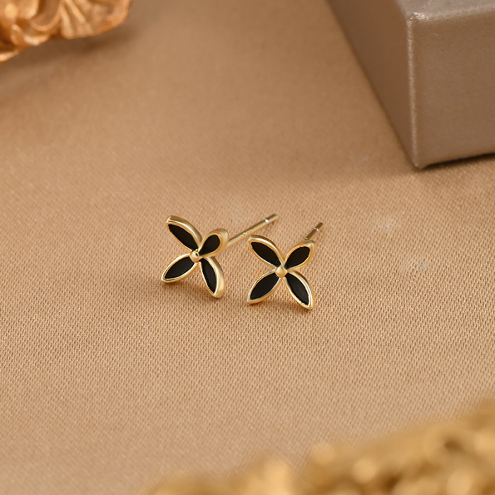 Black White Enamel Flower Earrings Piercing Plant Jewelry Female Accessories
