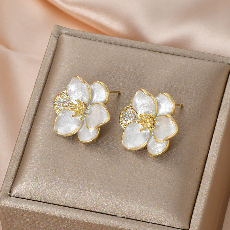 Fashion Silver Color Enamel Flower Elegant White Flower Stud Earrings Jewelry Drop Shipping