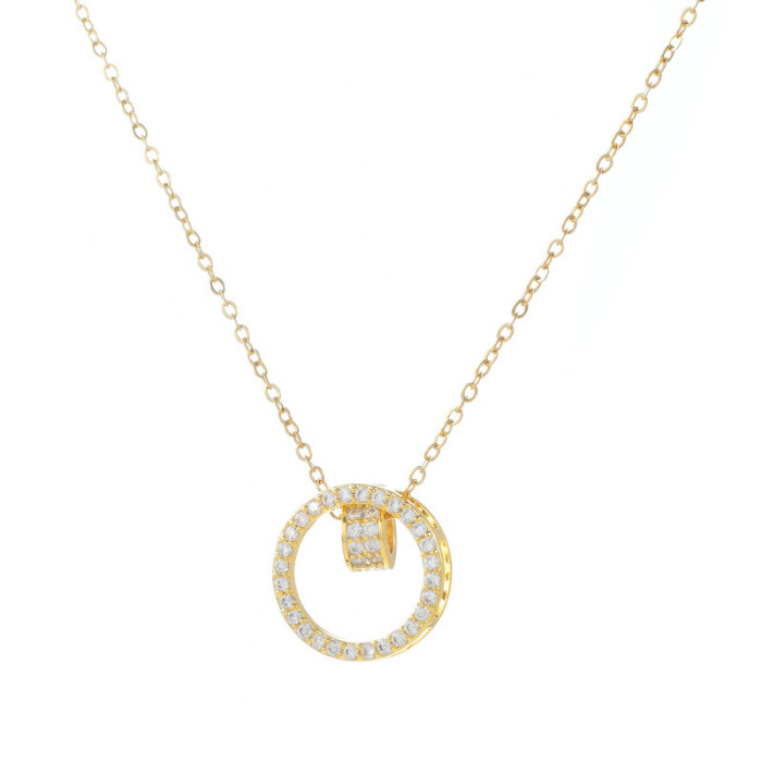 Exquisite Zircon Double Circle Interlock Pendant Gold Necklace for Women Simple Small Waist Charm Party Wedding Jewelry