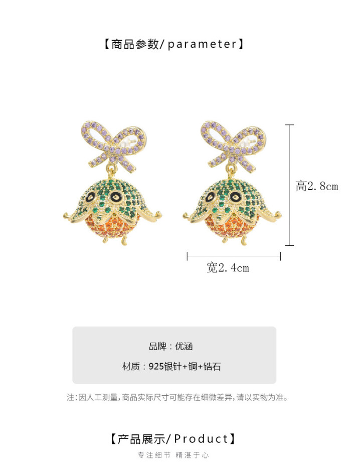 Exquisite Orange Lemon Cubic Zircon Earrings for Women Girls Gold Color Fruit Dangle Earring Bow Ear Jewelry Christmas Gift