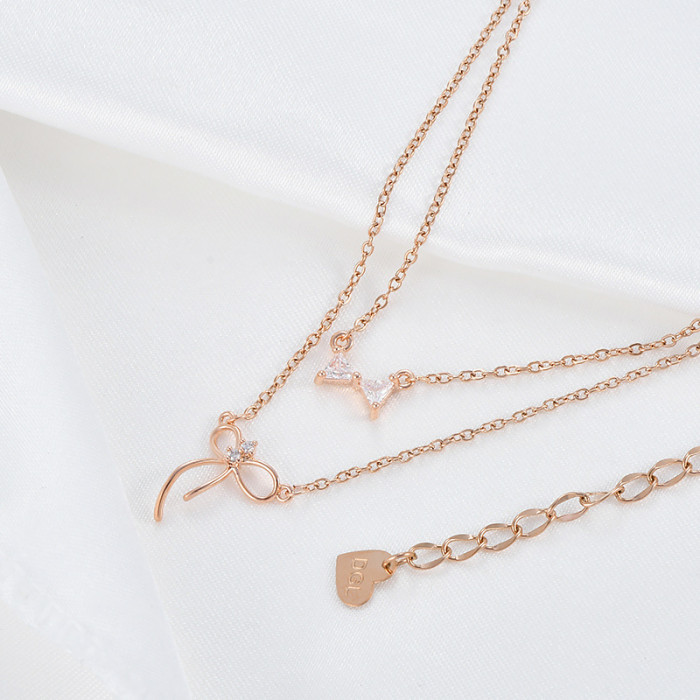 Double Layer Bow Necklaces Female Zircon Pendant Choker Adjustable Chain Gold Plated Jewelry