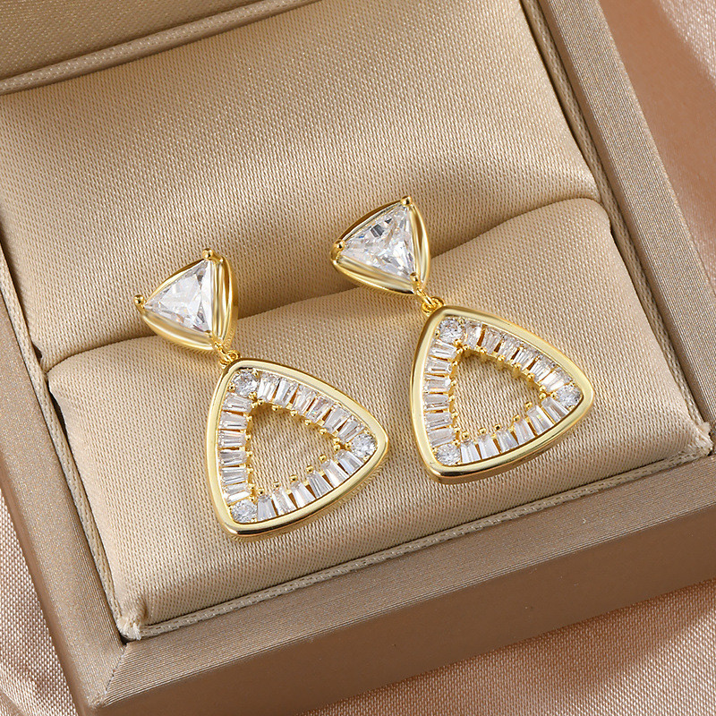 Full Rhinestone Fashion Double Big Triangle Earrings Elegant Women Wedding Party Jewelry