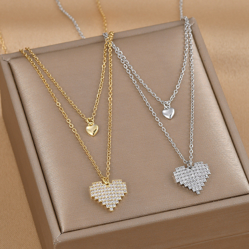 New Elegant Silver Color Shiny Heart Love Necklaces Women Fashion Double Layer Chain Necklace Jewelry Party Gift