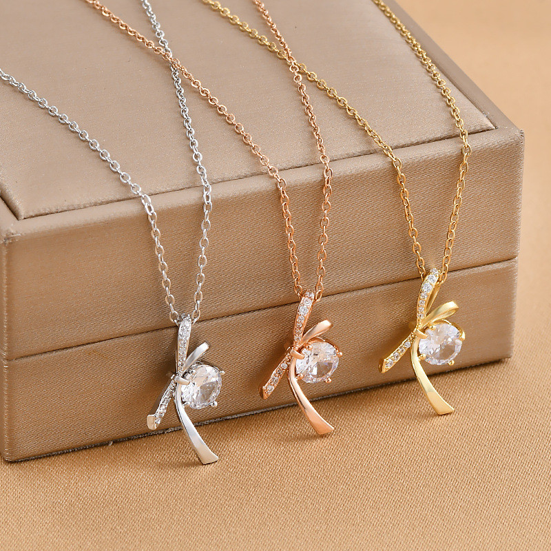 Light Luxury Bow Pendant Necklace with Diamond Women Chain Jewelry Wedding Gift