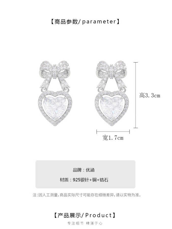 Korean Temperament Retro Zircon Bow Drop Earrings Silver Color BowKnot Heart Shaped Crystal Earring for Women Party