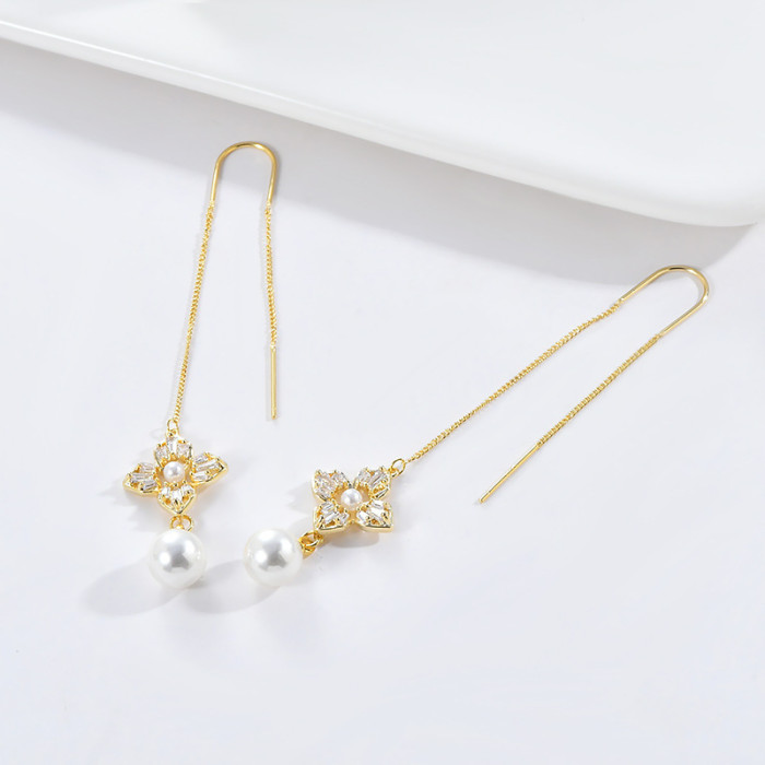 Korea New Fashion Jewelry Luxury Zircon Flower Pearl Ear Wire Stretch Adjustable Earrings Elegant Women Wedding Party