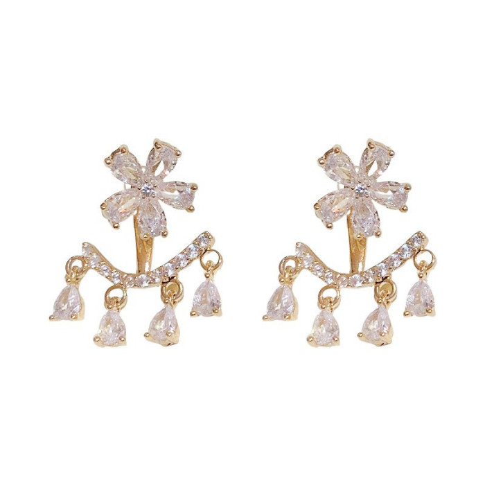 Fashion Simple Back Hanging Earrings Exquisite Zircon Five Petal Flower Tassel Earrings Elegant Princess Wedding Jewelry