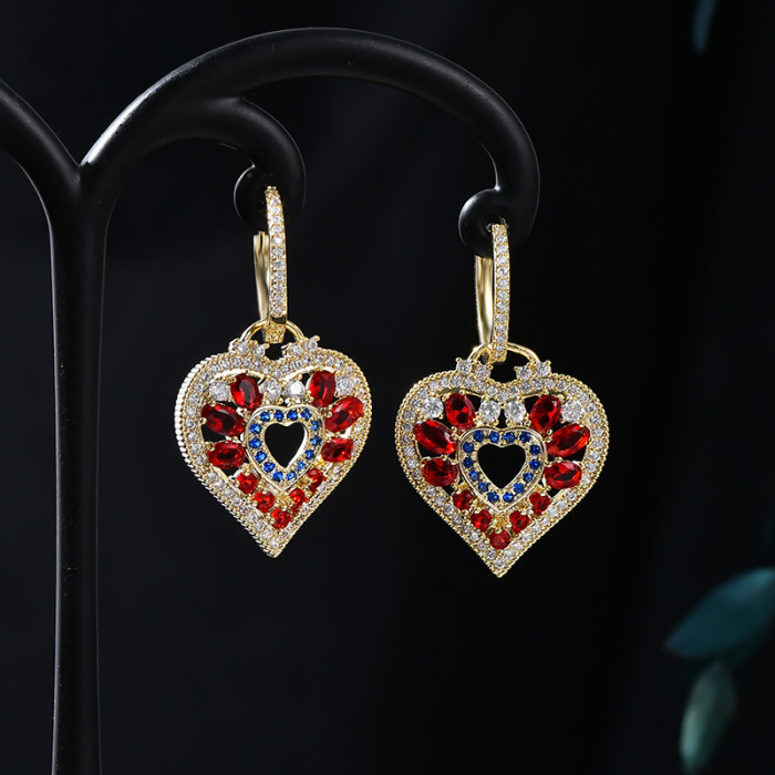 Fashion Cubic Zircon Love Heart Pendant Earrings Korean Style Geometric Hollow Hoops Earrings For Women Jewelry Gift