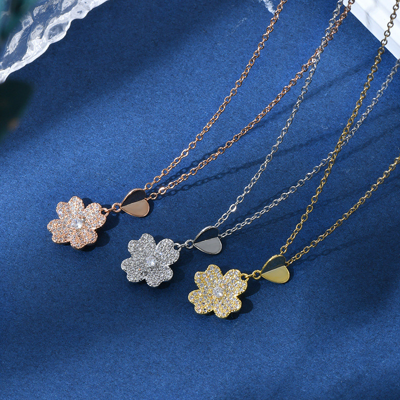 Classic Four Leaves Flower Full Zircon Pendant Fashion Jewelry Design Women's Clover Necklace