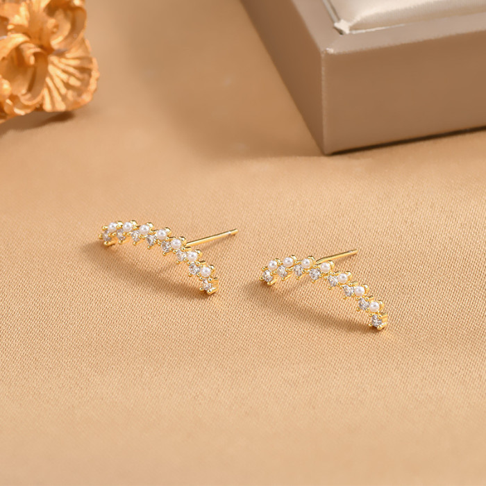 Gold Arc Line Stud Earrings For Women Crystal Zircon CZ Line Ear Climber Pendiente Piercing Earring